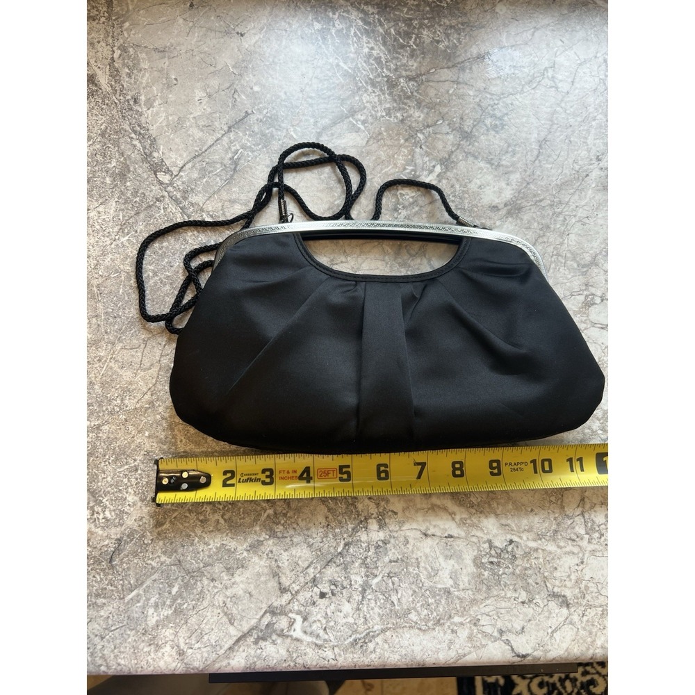 Kate Landry Black Satin Evening Clutch Purse Shoulder Bag Silver Frame - Picture 10 of 12